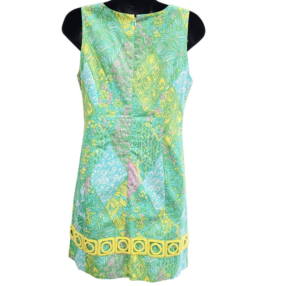 Lilly Pulitzer Green Yellow Tropical Geometric Trim Cotton Shift Dress Size 4 - Picture 6 of 9